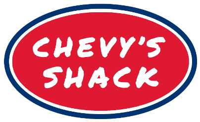 Chevy's Shack oval logo, white text, red background with navy blue border