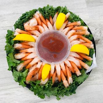 Color Photo of Gardner's Own cooked Shrimp Platter with lemon wedges and Cocktail Sauce